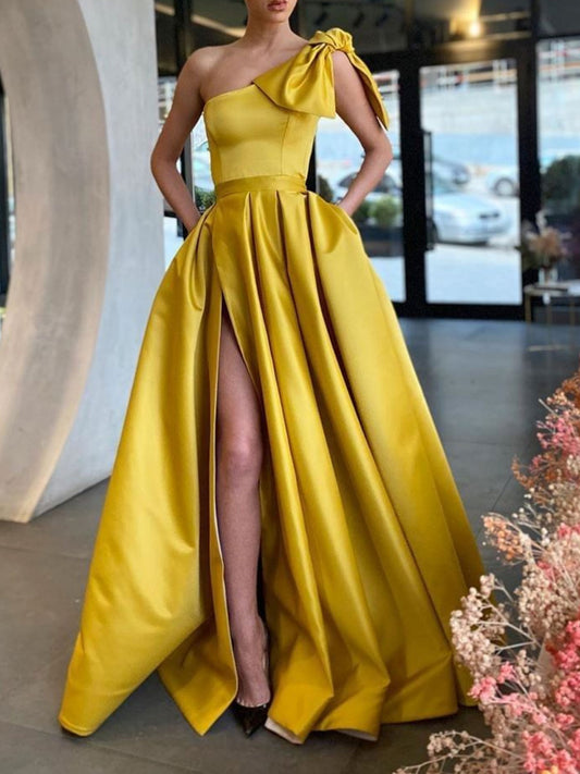 Yellow satin long prom dress, yellow evening dress