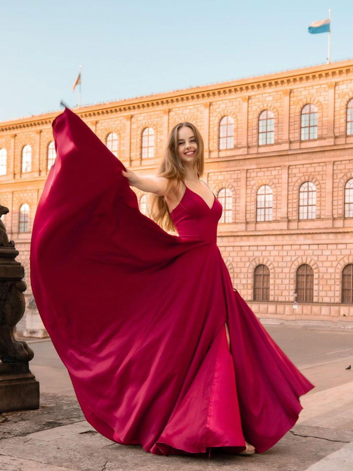 Simple v neck satin dark red long prom dress, red satin bridesmaid dre dresstby Simple v neck satin dark red long prom dress, red satin bridesmaid dre dresstby