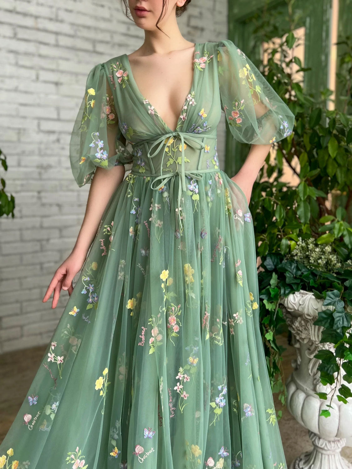 Green v neck tulle lace long prom dress, green tulle formal dress