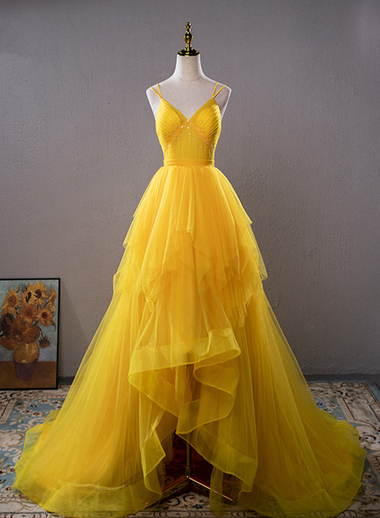 Yellow v neck high low prom dress yellow evening dress
