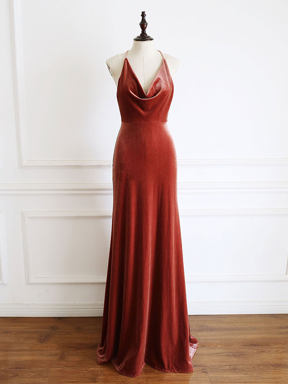 Orange V Neck Mermaid Long Prom Dress, Velvet Formal Evening Dresses