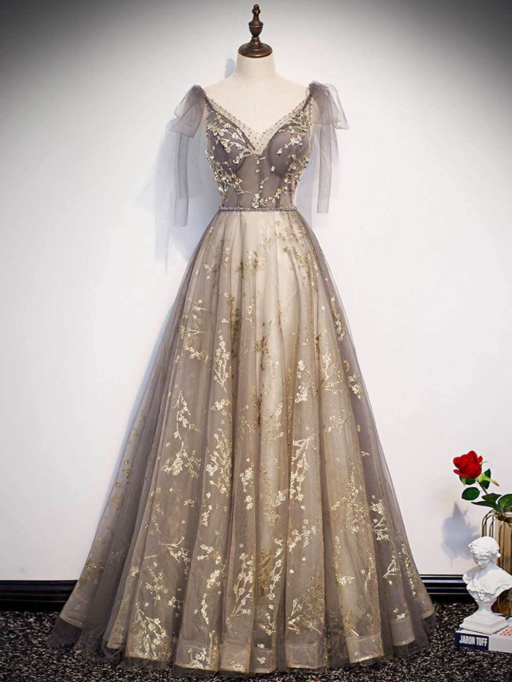 A-Line V Neck Tulle Sequin Long Prom Dress, Tulle Formal Evening Dress