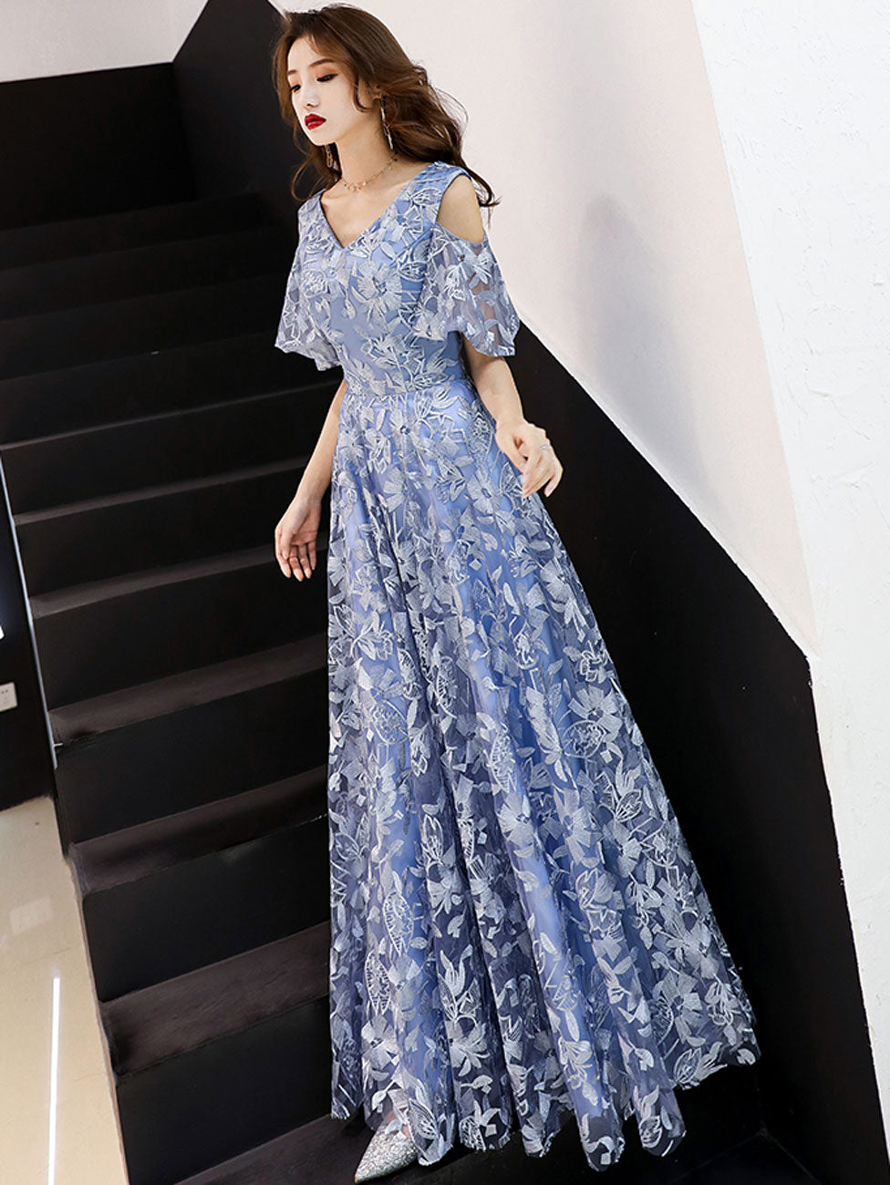 Aline V Neck Lace Long Prom Dress, Blue Formal Graduation Dress dresstby Aline V Neck Lace Long Prom Dress, Blue Formal Graduation Dress dresstby