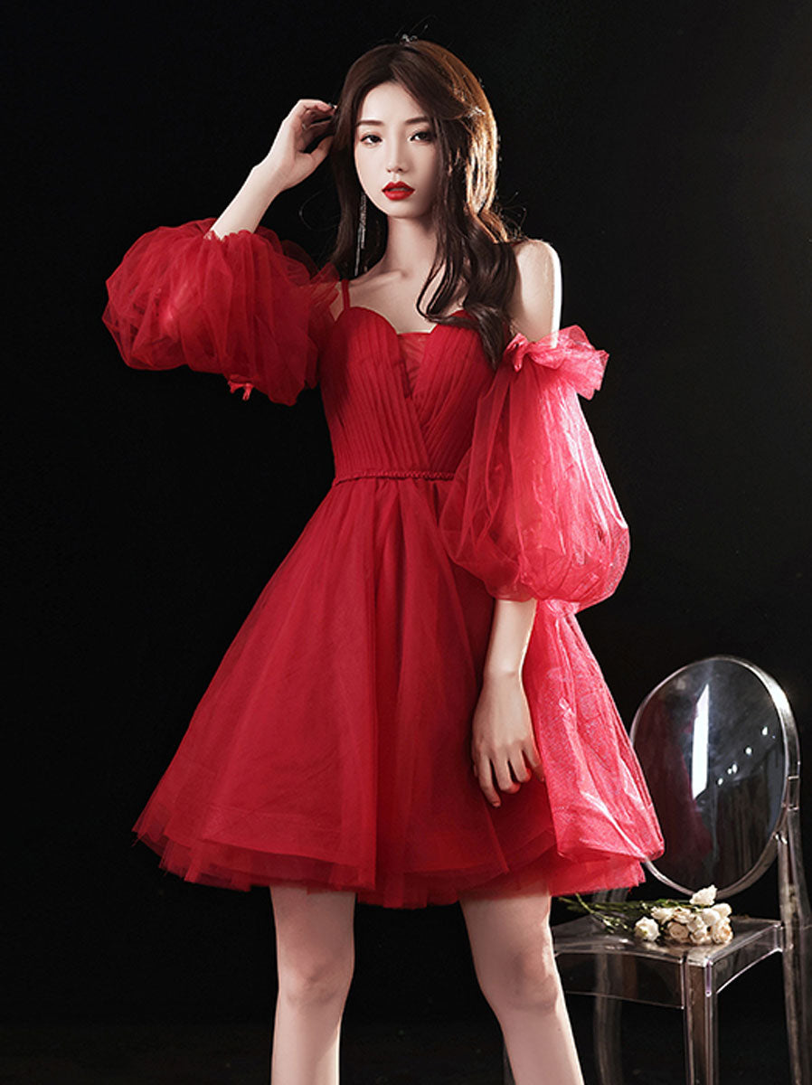 Burgundy sweetheart neck tulle short prom dress burgundy homecoming dress