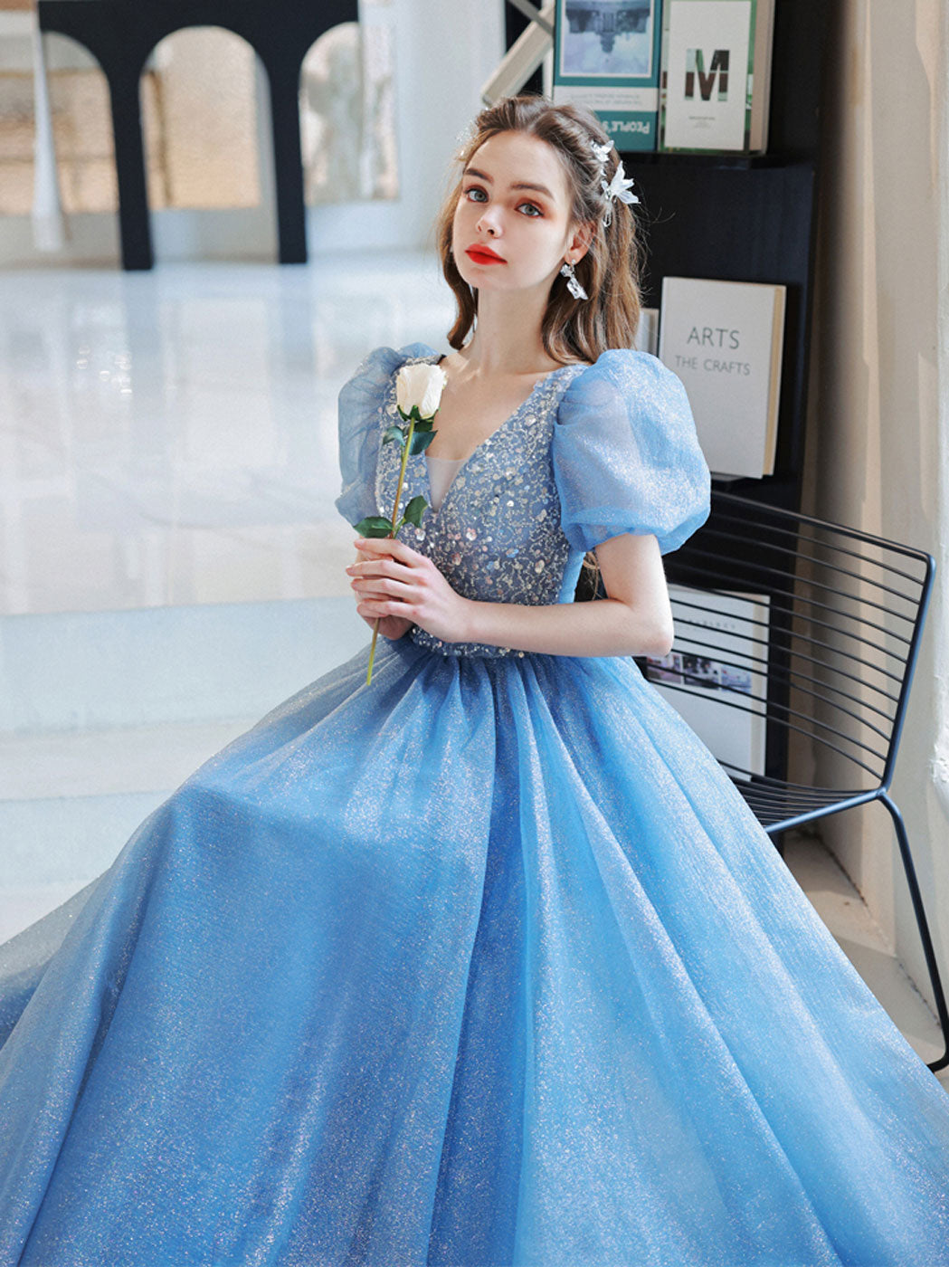 Blue A-Line V Neck Sequin Tulle Long Prom Dress