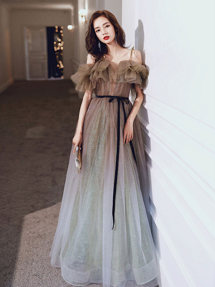 Elegant A line tulle long prom dress, tulle formal party dress