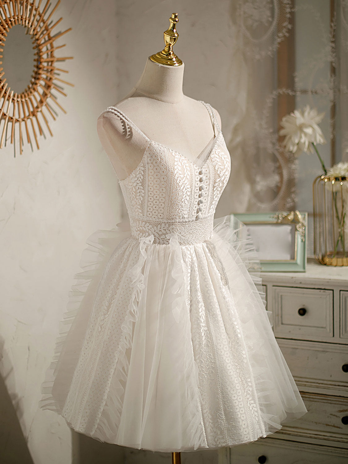 ivory v neck tulle lace short prom dress ivory lace homecoming dress