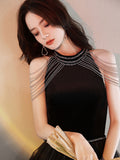 Black A line tulle beads long prom dress, black evening dress