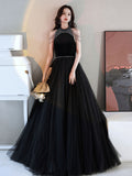 Black A line tulle beads long prom dress, black evening dress