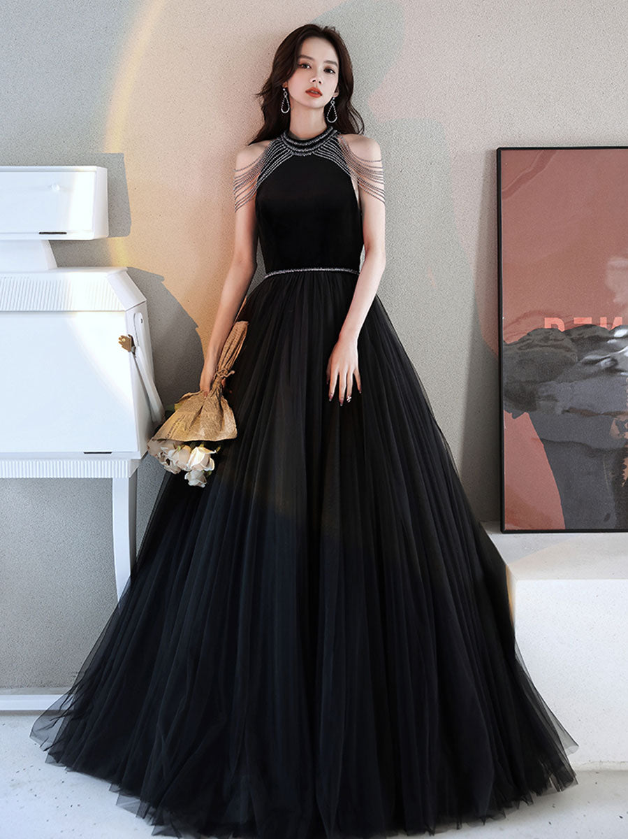 Black A line tulle beads long prom dress, black evening dress