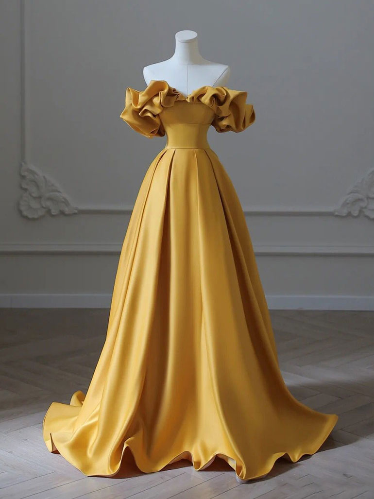 Yellow A-Line Satin Long Prom Dresses, Yellow Long Evening Dress dresstby Yellow A-Line Satin Long Prom Dresses, Yellow Long Evening Dress dresstby
