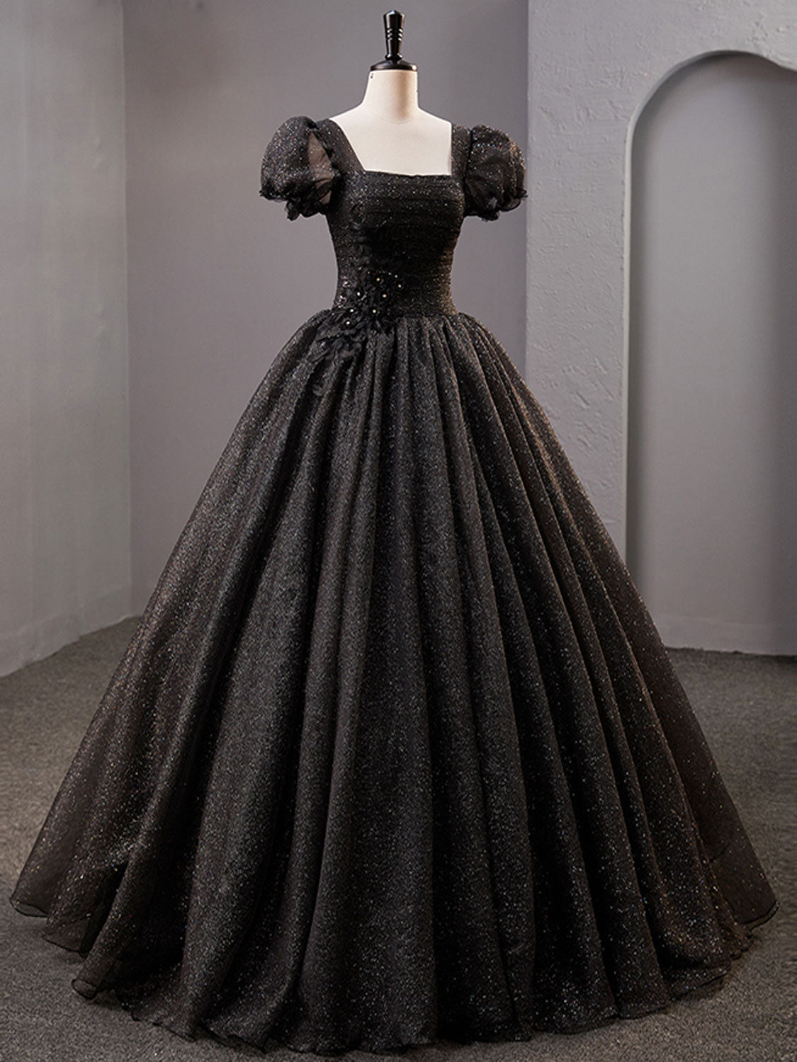 Black Square Neckline Tulle Long Prom Dress, Shiny Black Evening Dress dresstby Black Square Neckline Tulle Long Prom Dress, Shiny Black Evening Dress dresstby