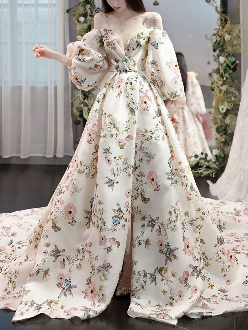 Puff Sleeve Prom Dress Full Sleeve Floral Maxi Dress Unique Puff
