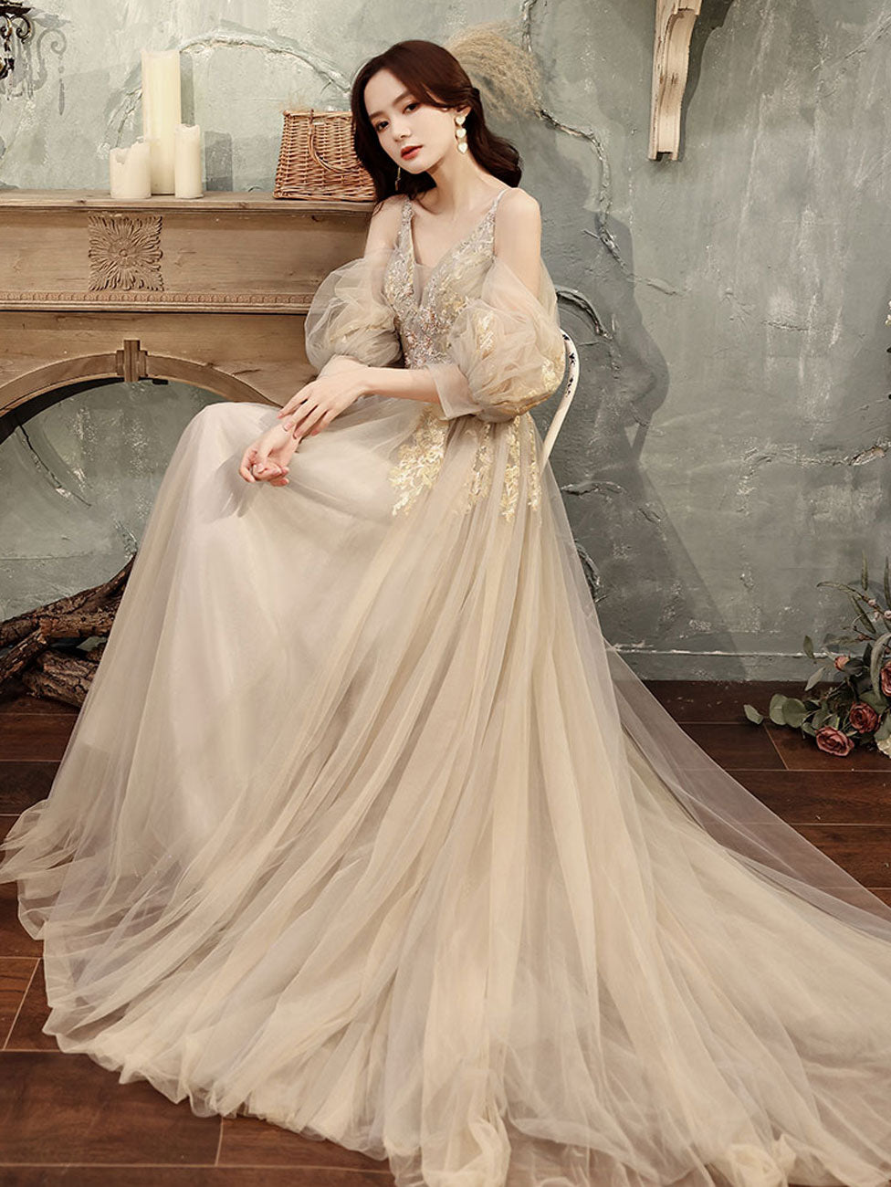 Champagne A line Tulle Lace Long Prom Dress, Lace Formal Graduation Dress