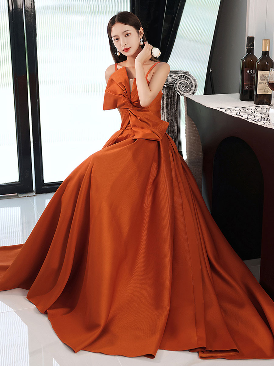 Simple orange satin long prom dress A line orange evening dress