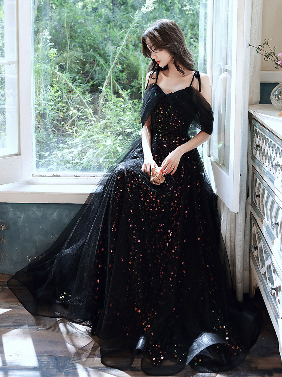 A Line Black Long Prom Dresses, Off Shoulder Tulle Long Evening Dress dresstby A Line Black Long Prom Dresses, Off Shoulder Tulle Long Evening Dress dresstby