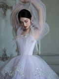 Purple tulle sequin long prom dress, purple tulle evening dress