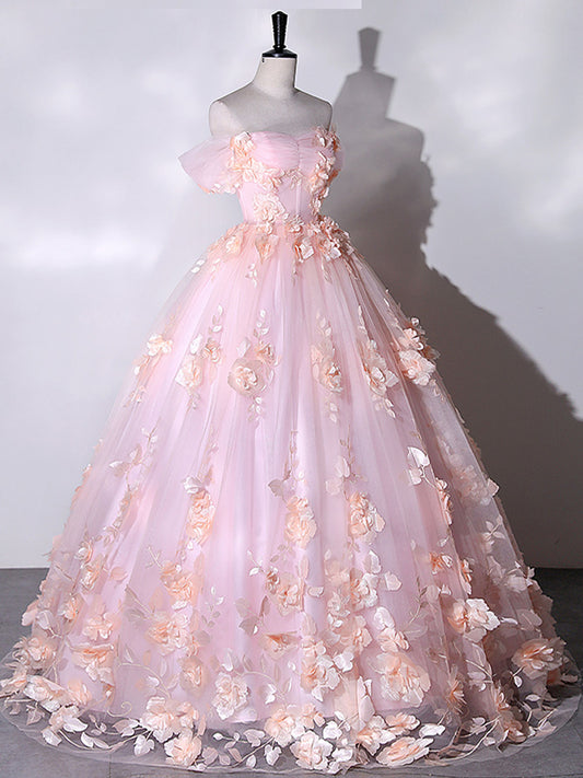 Pink Off Shoulder Tulle Lace Applique Long Prom Dress