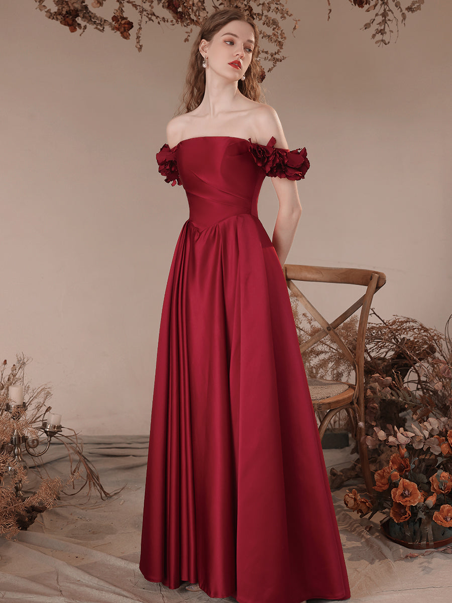 Burgundy A-Line Off Shoulder Satin Long Prom Dress, Burgundy Formal Ev dresstby Burgundy A-Line Off Shoulder Satin Long Prom Dress, Burgundy Formal Ev dresstby