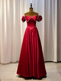 Blue Satin long prom dress, blue A line bridesmaid dress