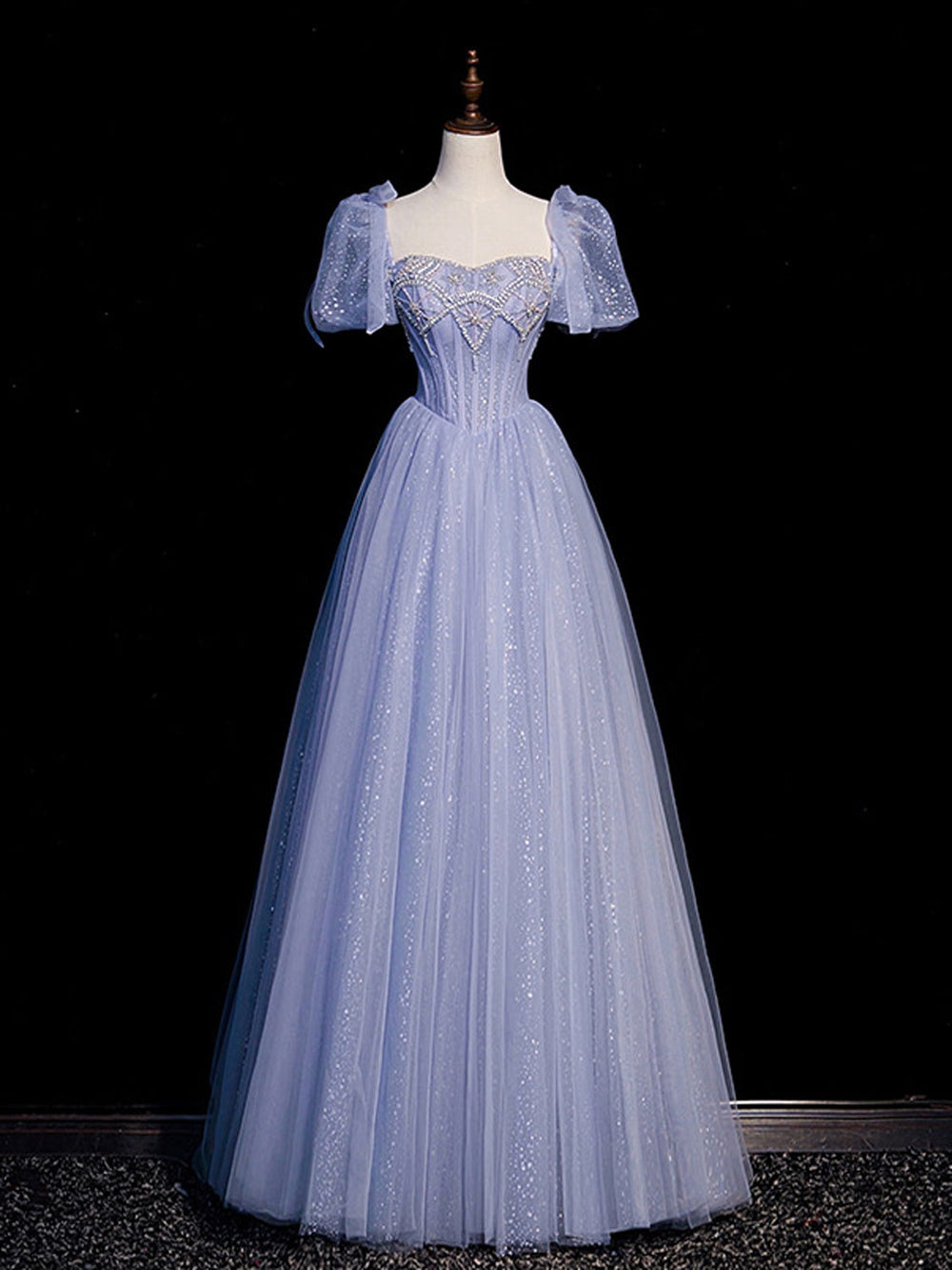 A-Line Blue Sweetheart Neck Tulle Long Prom Dress, Blue Formal Evening Dresses