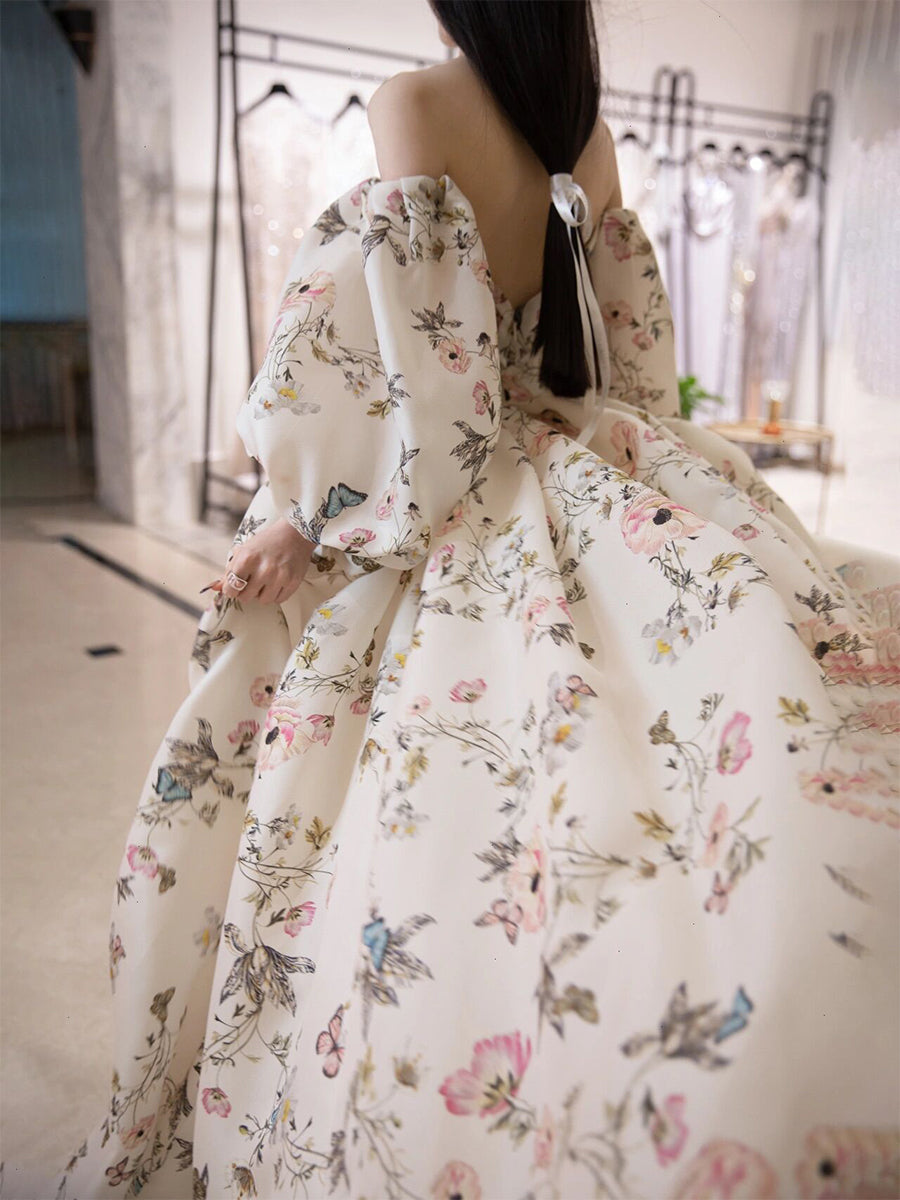 Unique puff sleeves satin long prom dress, puff satin long evening dress