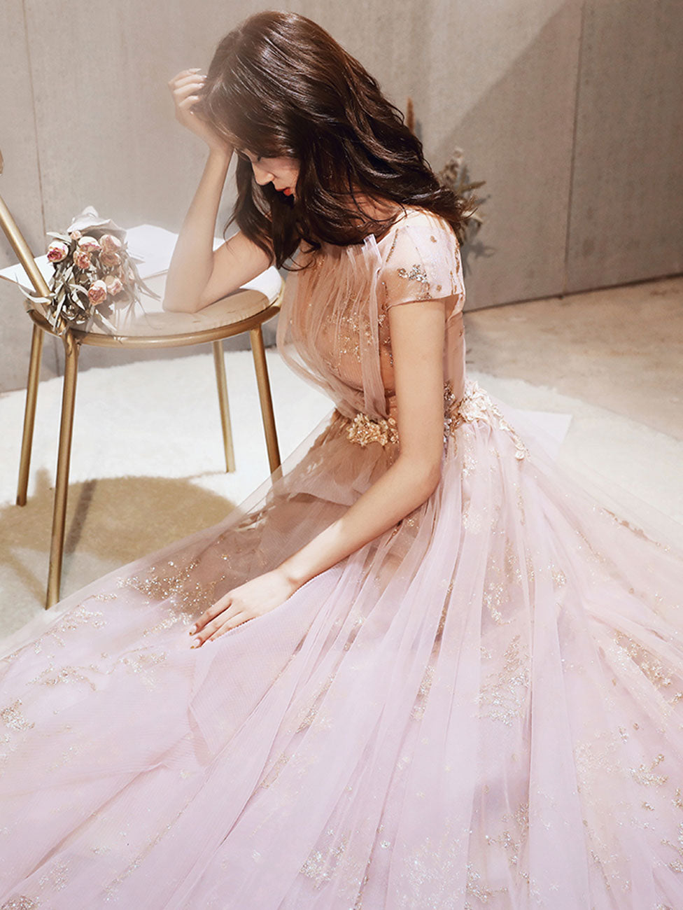 Aline Scoop Neck Sequin Pink Long Prom Dress, Formal Pink Graduation Evening Dresses