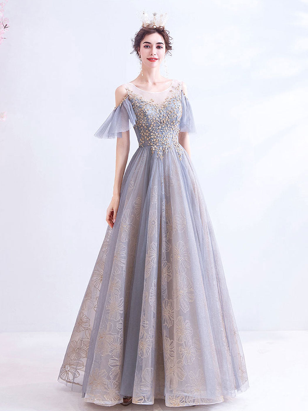 A-Line Scoop Neckline Gray Long Prom Dress, Tulle Lace Evening Dresses dresstby A-Line Scoop Neckline Gray Long Prom Dress, Tulle Lace Evening Dresses dresstby