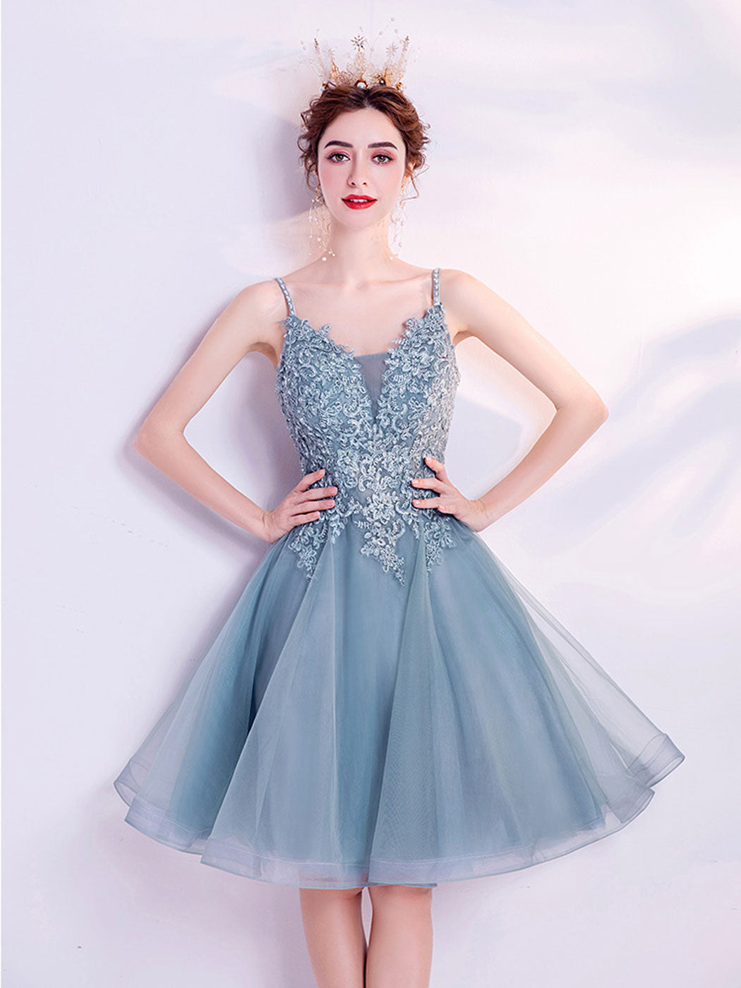 Gray blue Short Prom Dresses, V Neck Blue Lace Homecoming Dresses With dresstby Gray blue Short Prom Dresses, V Neck Blue Lace Homecoming Dresses With dresstby