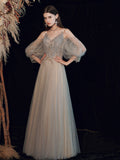 Gray v neck tulle long prom dress, Gray A line tulle formal dress