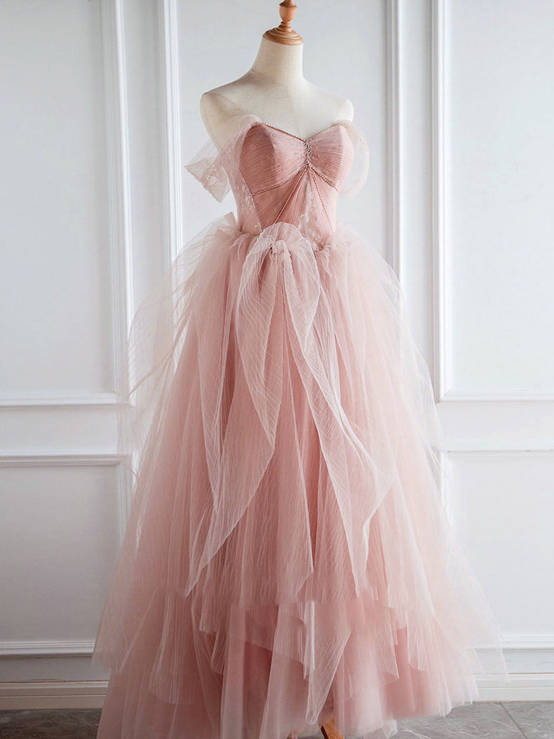 Pink tulle lace long prom dress, pink tulle evening dress