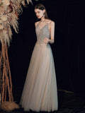 Gray v neck tulle long prom dress, Gray A line tulle formal dress