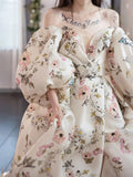 Unique puff sleeves satin long prom dress, puff satin long evening dress