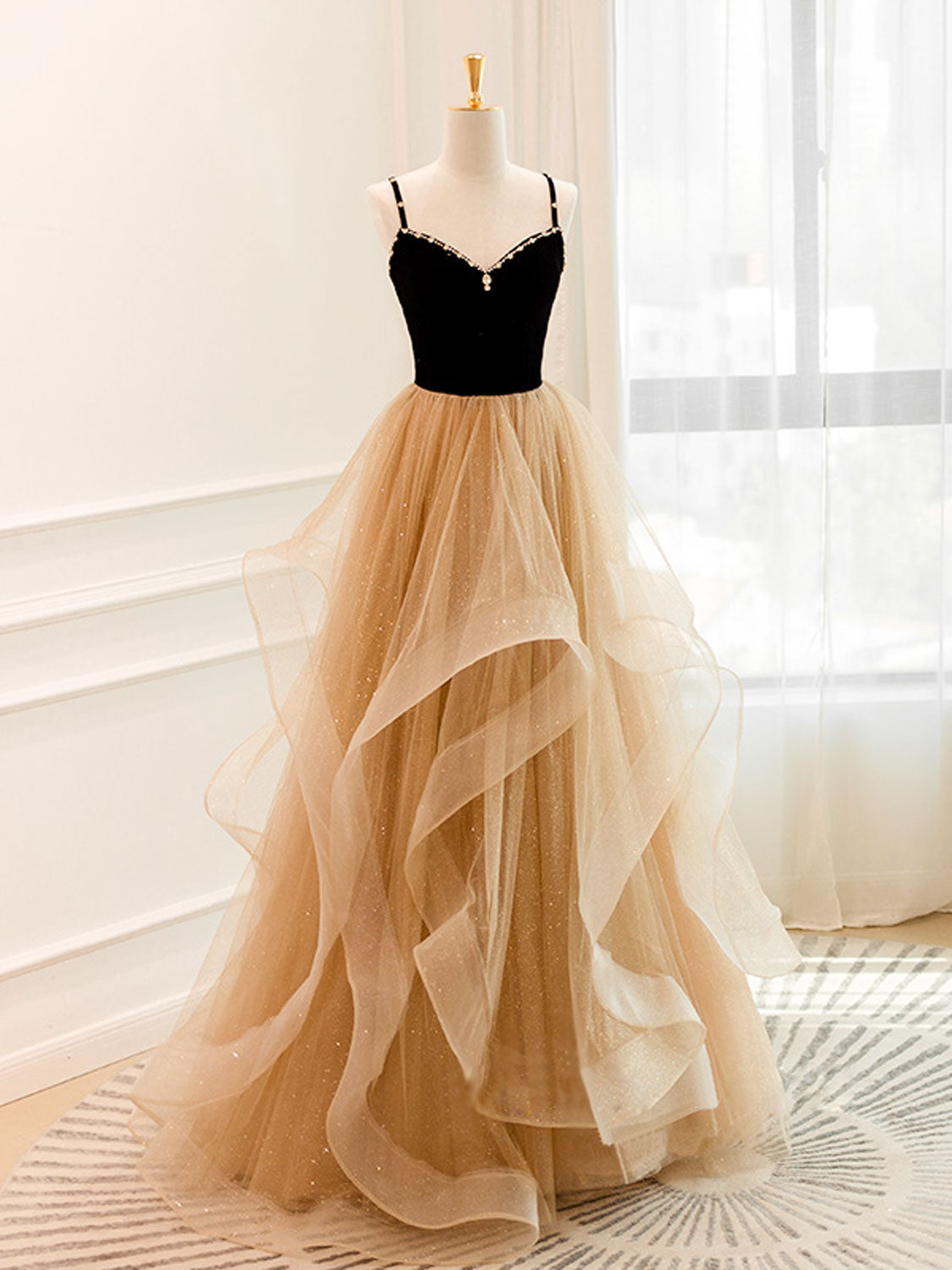 A-Line Champagne Tulle Long Prom Dress, Long Evening Dresses dresstby A-Line Champagne Tulle Long Prom Dress, Long Evening Dresses dresstby