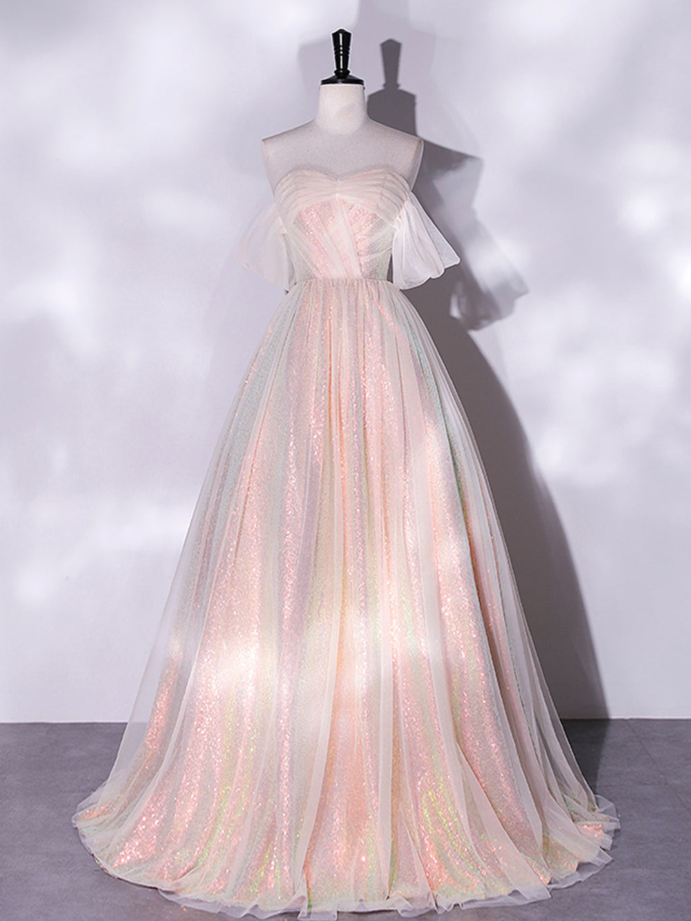 A-Line Pink Tulle Long Prom Dresses, Pink Formal Evening Dress