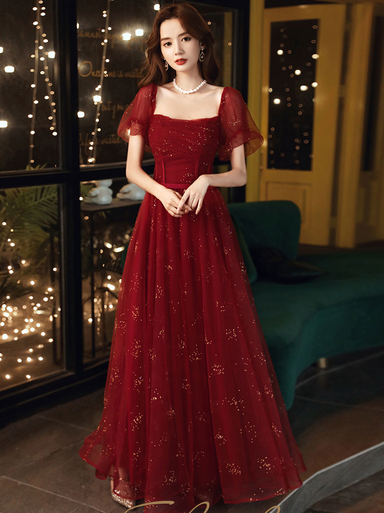 Burgundy A line tulle sequin long prom dress, burgundy tulle formal dress