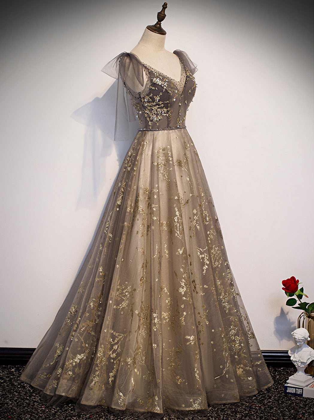 A-Line V Neck Tulle Sequin Long Prom Dress, Tulle Formal Evening Dress