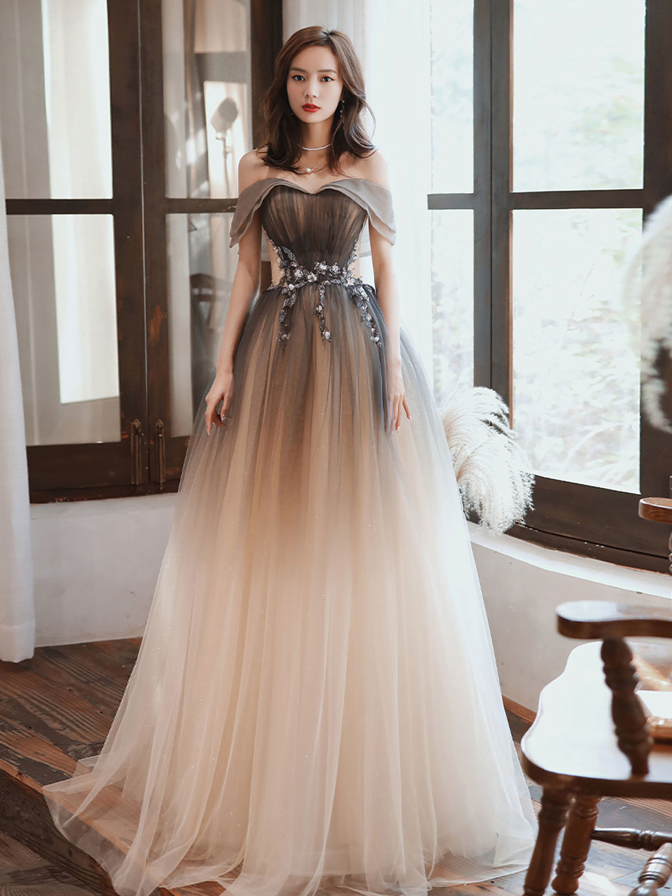 Brown Long Prom Dresses, A line Off Shoulder Brown Formal Graduation D dresstby Brown Long Prom Dresses, A line Off Shoulder Brown Formal Graduation D dresstby