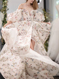 Unique puff sleeves satin long prom dress, puff satin long evening dress