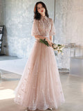 A-Line Champagne Tulle Sequin Long Prom Dresses, Champagne Formal Dresses