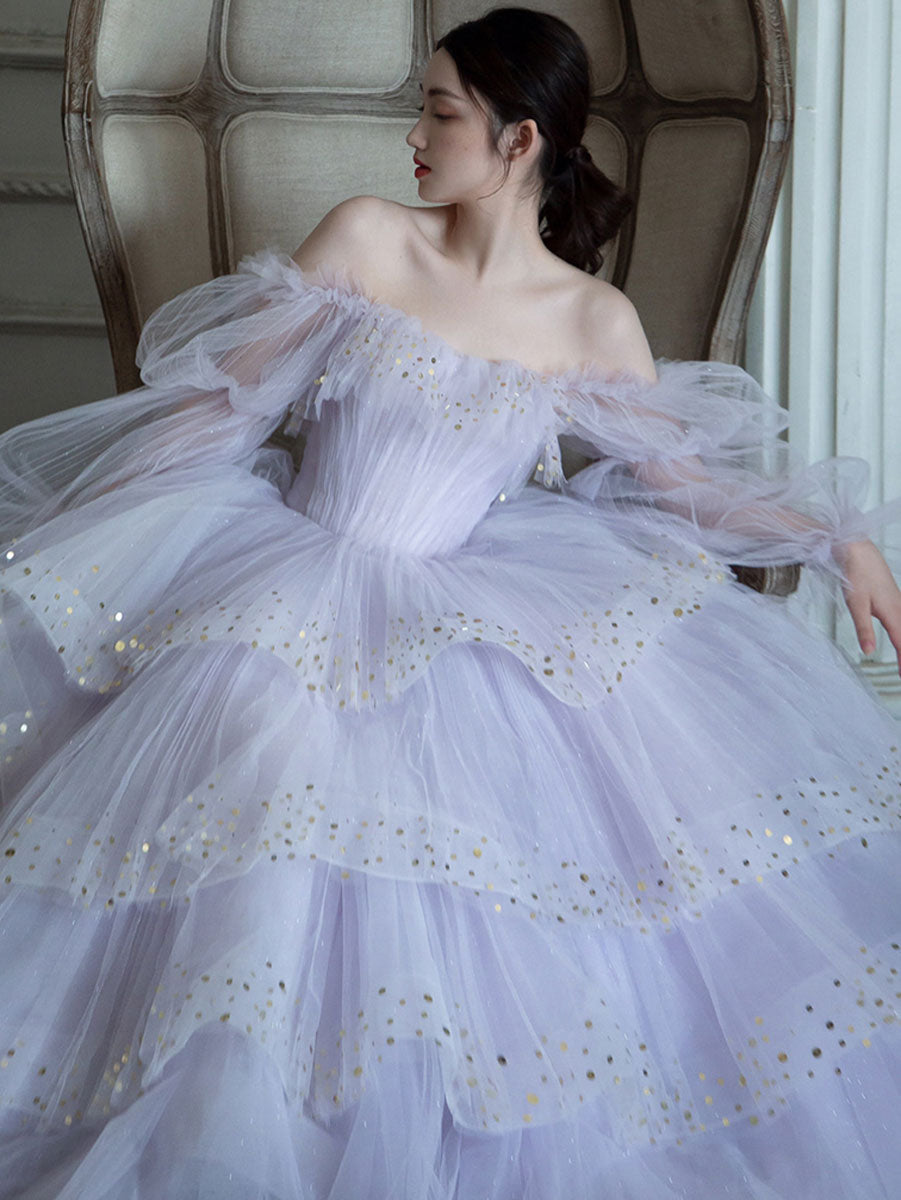 Purple tulle sequin long prom dress, purple tulle evening dress