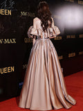 Simple off shoulder satin long prom dress, champagne evening dress