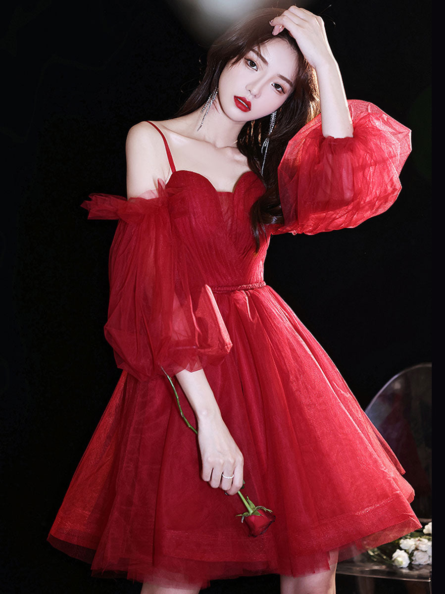 Burgundy sweetheart neck tulle short prom dress burgundy homecoming dress