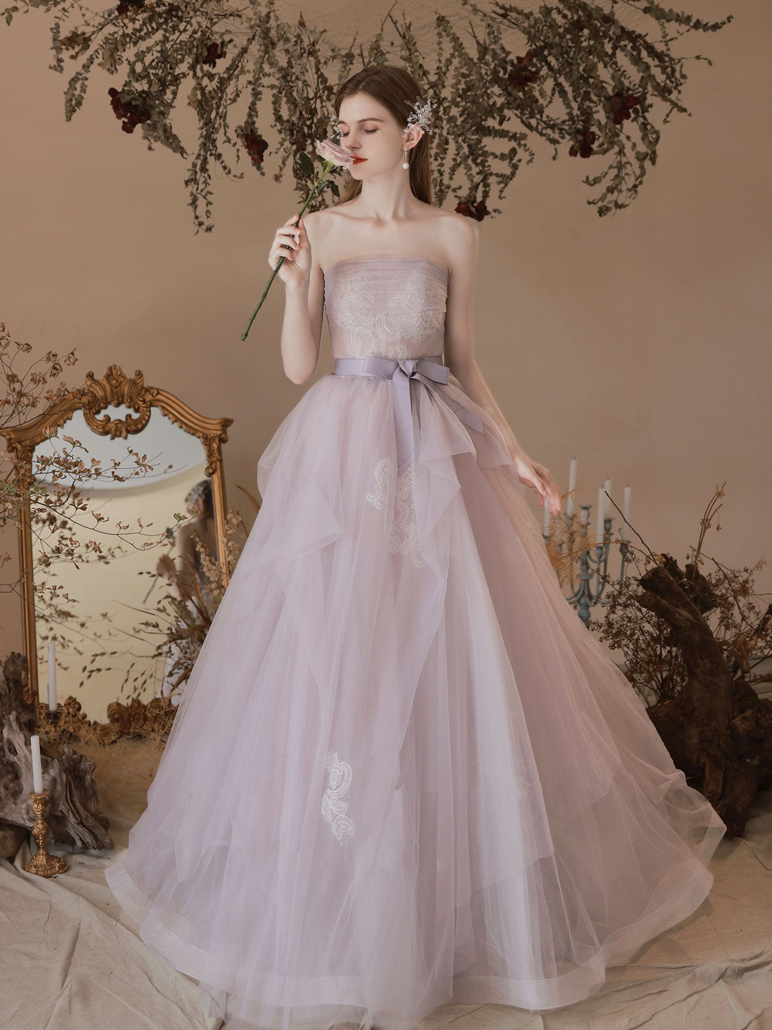 Light Purple Tulle Lace Long Prom Dresses, Purple Lace Formal Dress