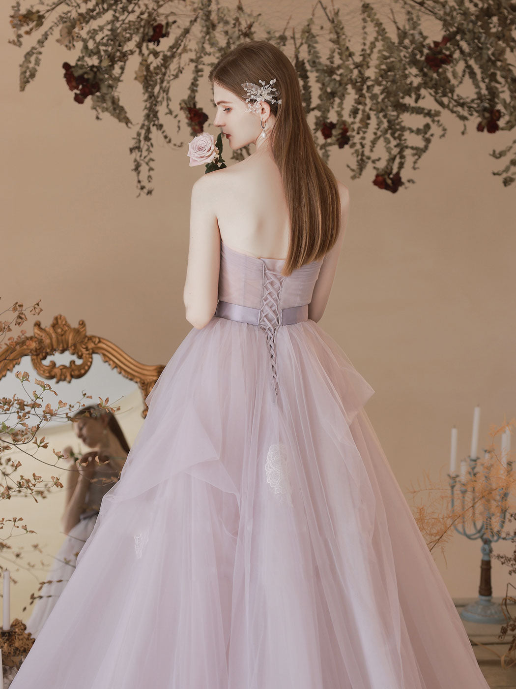 Light Purple Tulle Lace Long Prom Dresses, Purple Lace Formal Dress