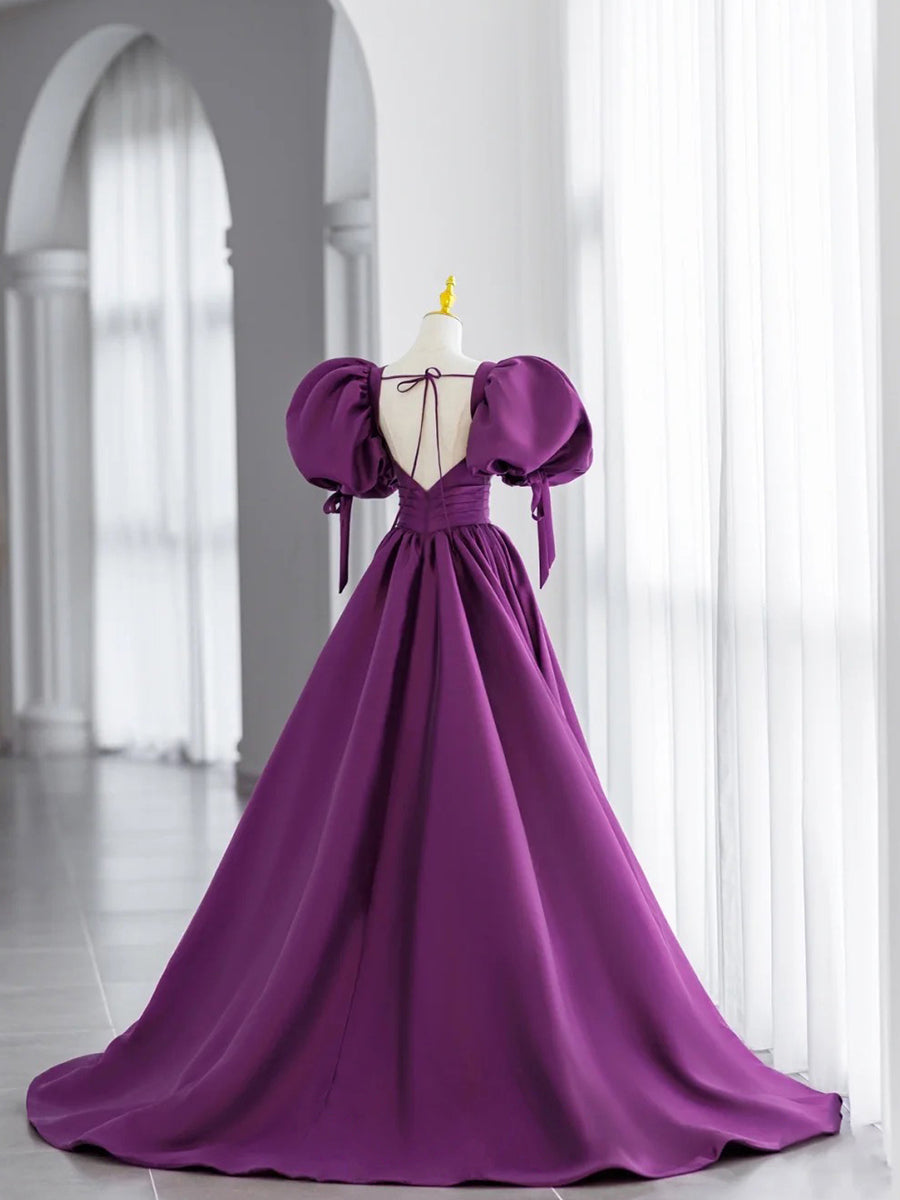 Purple V Neck Satin Long Prom Dresses