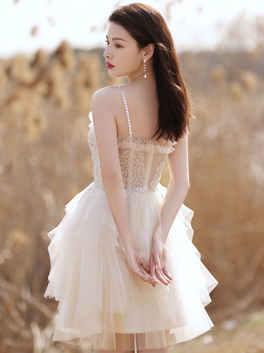 Beige sweetheart neck tulle lace short prom dress beige cocktail dress