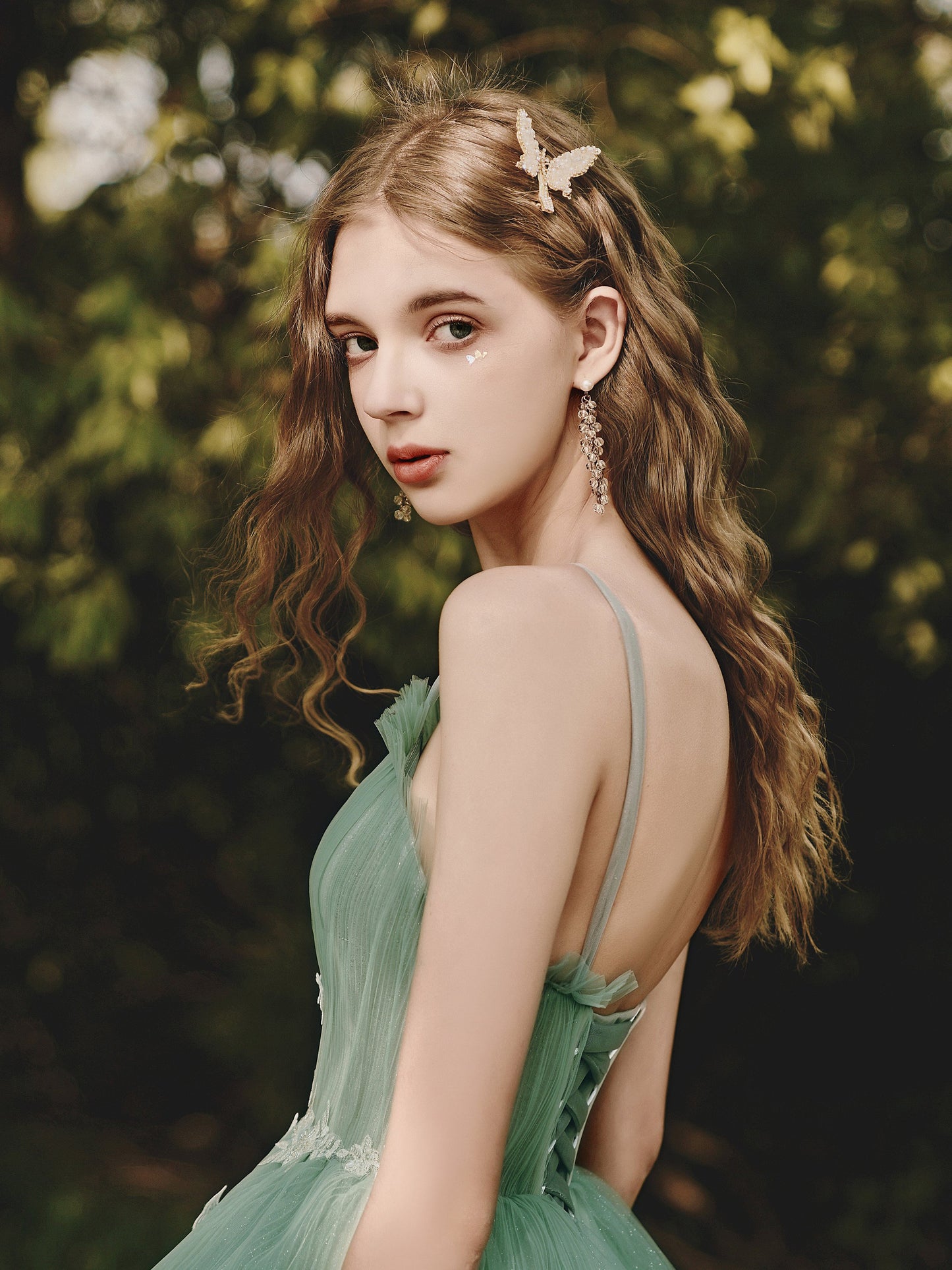 Green tulle lace long prom dress, green tulle formal dress