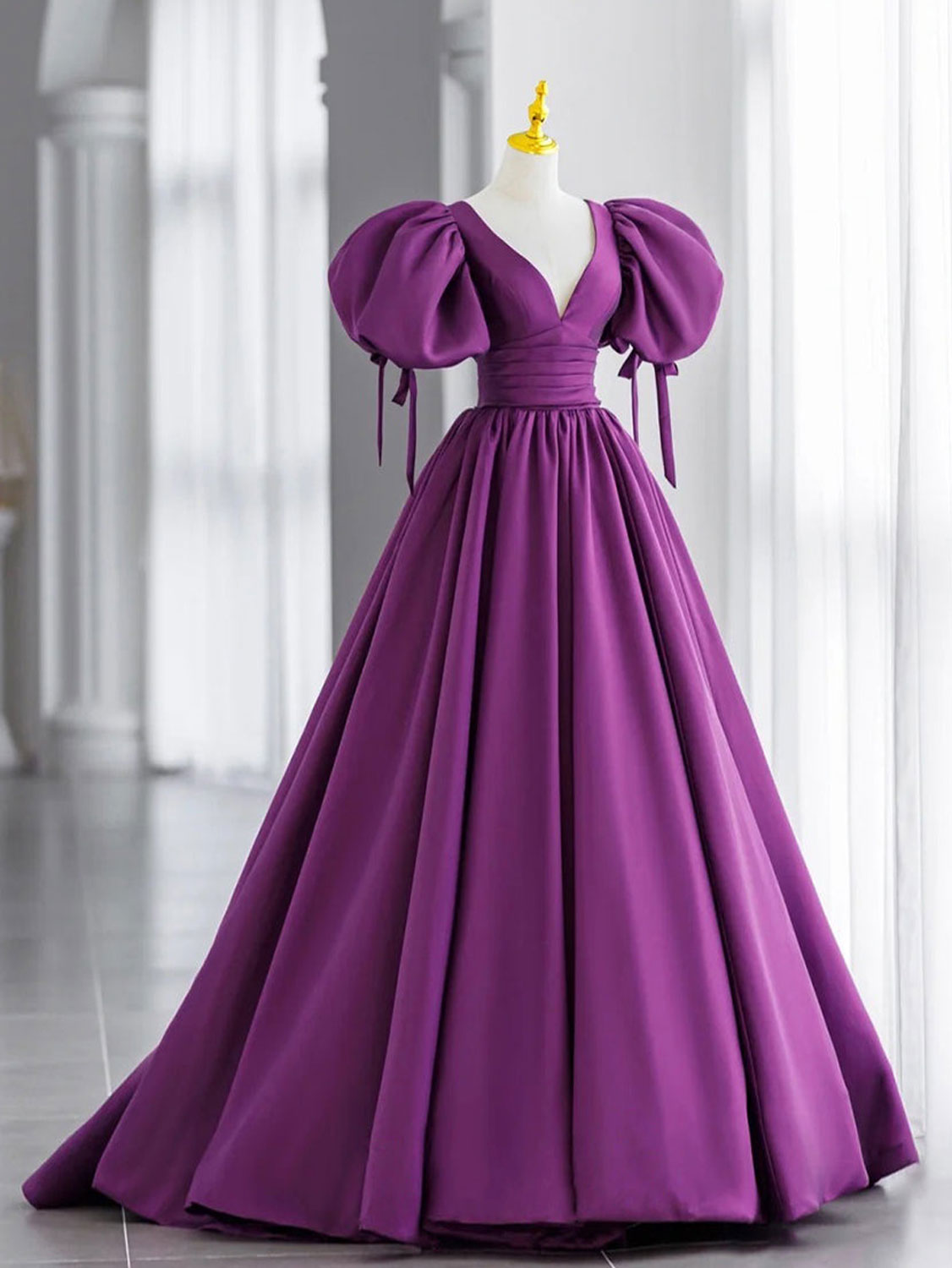 Purple V Neck Satin Long Prom Dresses, Purple Evening Dresses