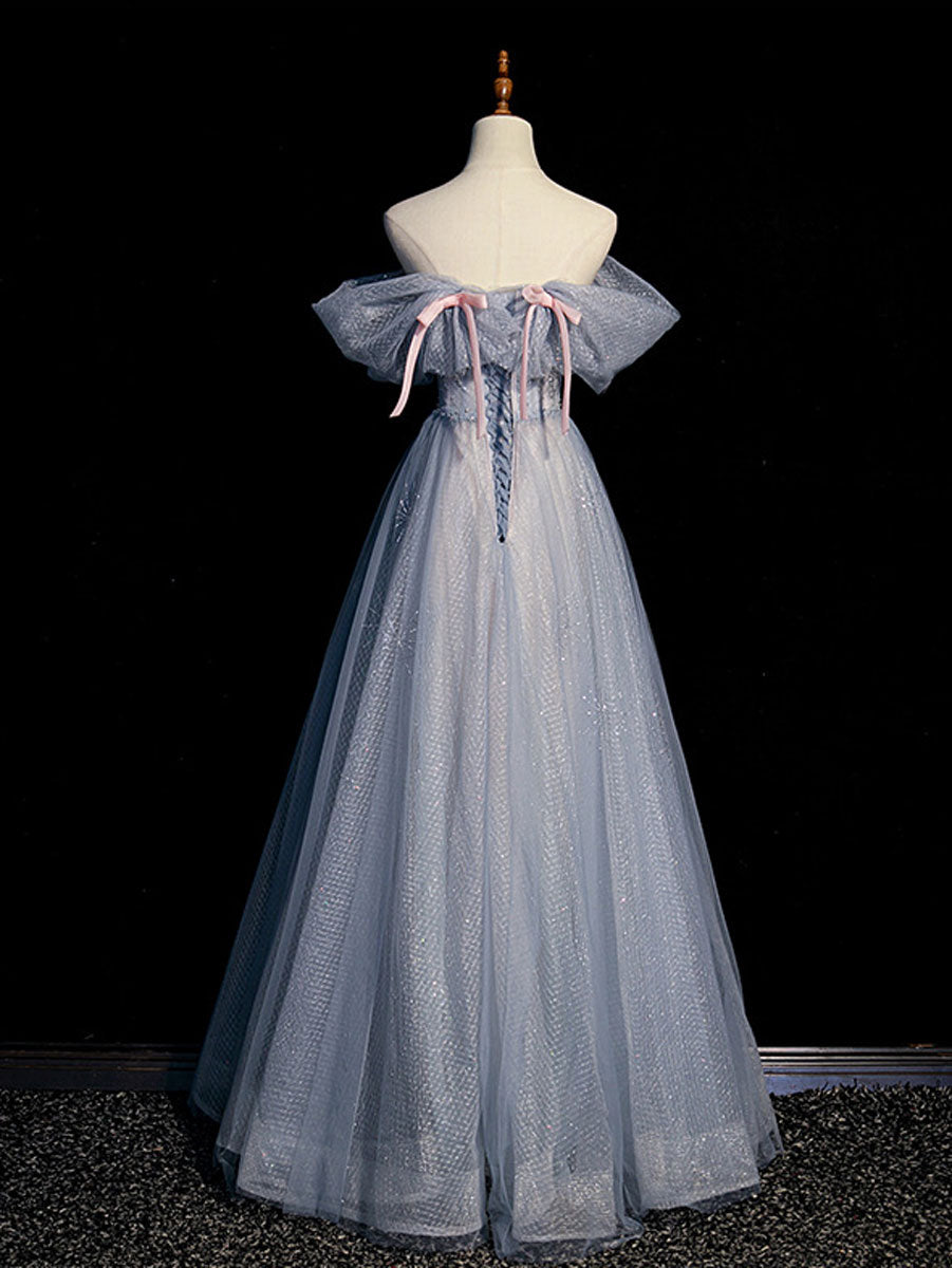 A line tulle gray blue long prom dress, gray formal dress